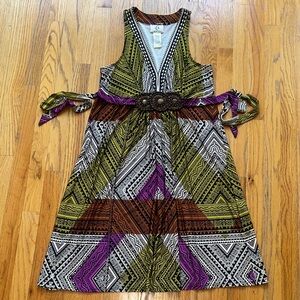 ice Multi-Color Patterned V‑Neck Midi Dress with Decorative Belt